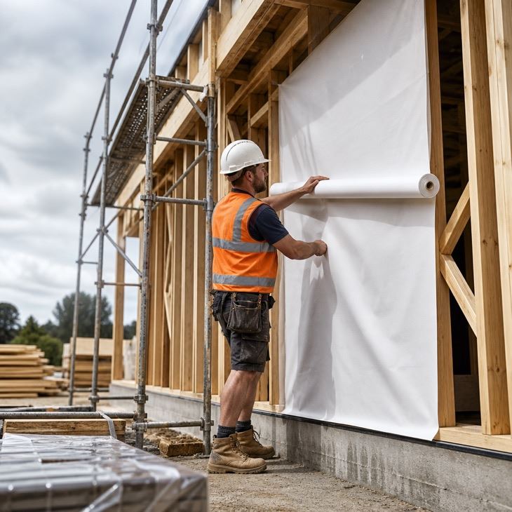 Worker installing house wrap on timber-framed exterior wall