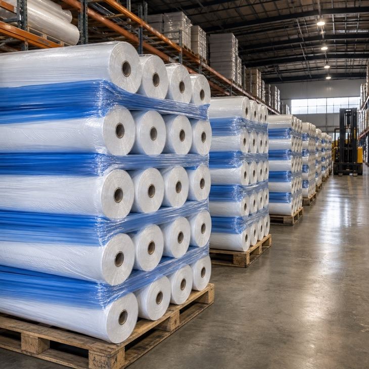 House wrap rolls palletised and shrink-wrapped in warehouse