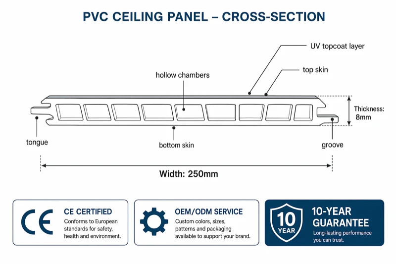 productcate-1-1 PVC ceiling panel hollow-core cross section - tongue and groove interlocking profile, 250mm x 8mm