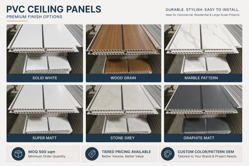 productcate-1-1 PVC ceiling panel surface finishes - wood grain, marble pattern, solid color, super matt options