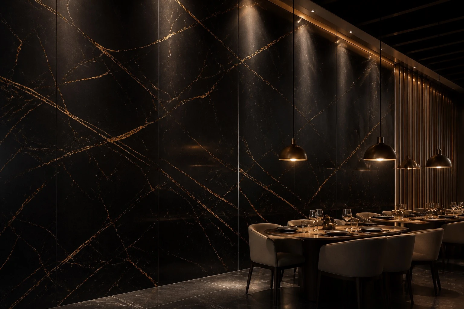 Large format black and gold marble effect wall panels in an upscale restaurant