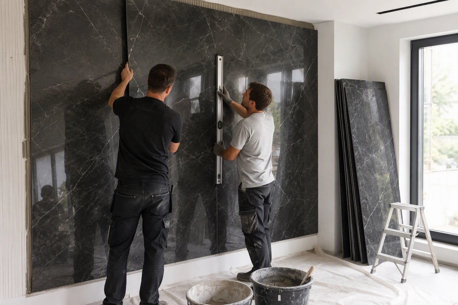 Installers fitting large dark marble effect PVC wall sheets on an interior wall