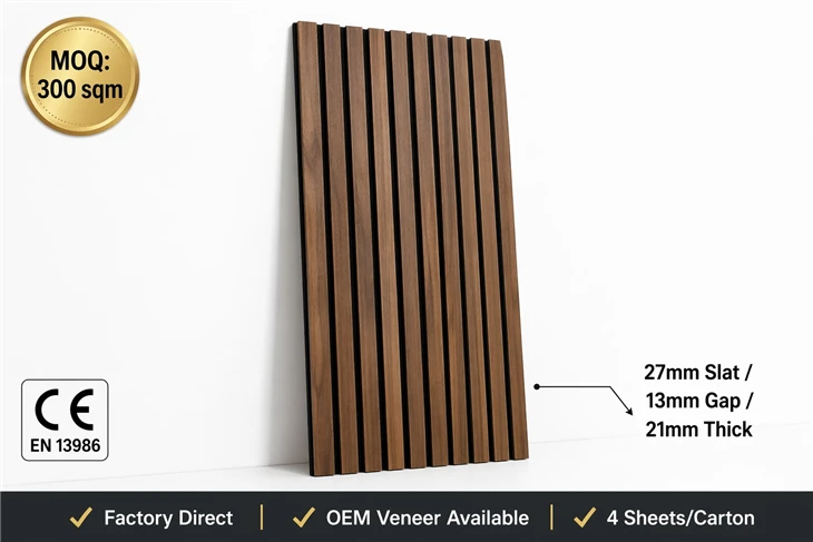 Acoustic Wood Slat Panel Walnut Veneer 27mm Slat MOQ 300sqm - Eastopo