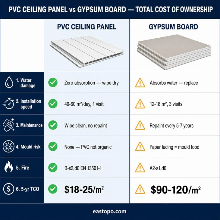 PVC ceiling panel vs gypsum board total cost of ownership comparison
