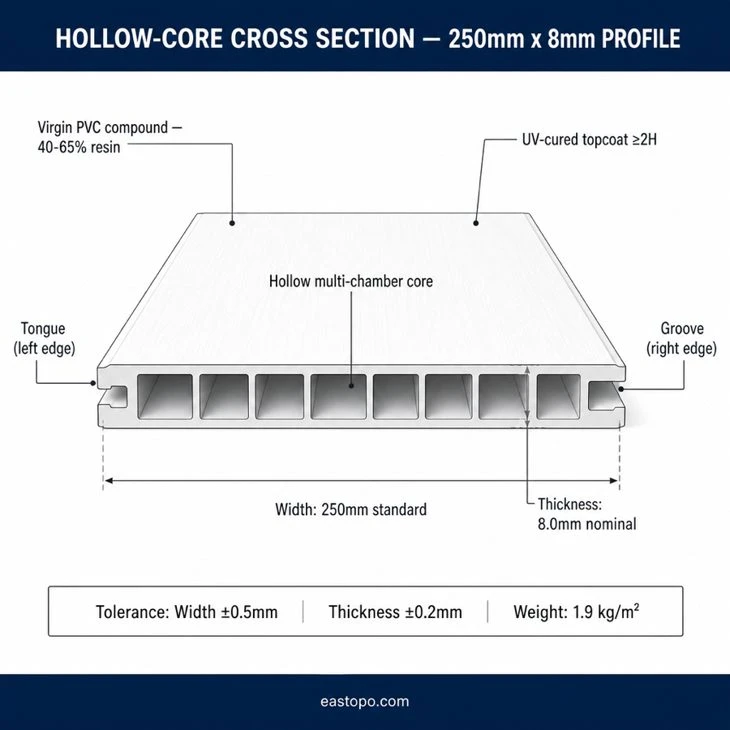 PVC ceiling panel hollow-core cross section 250mm 8mm profile diagram