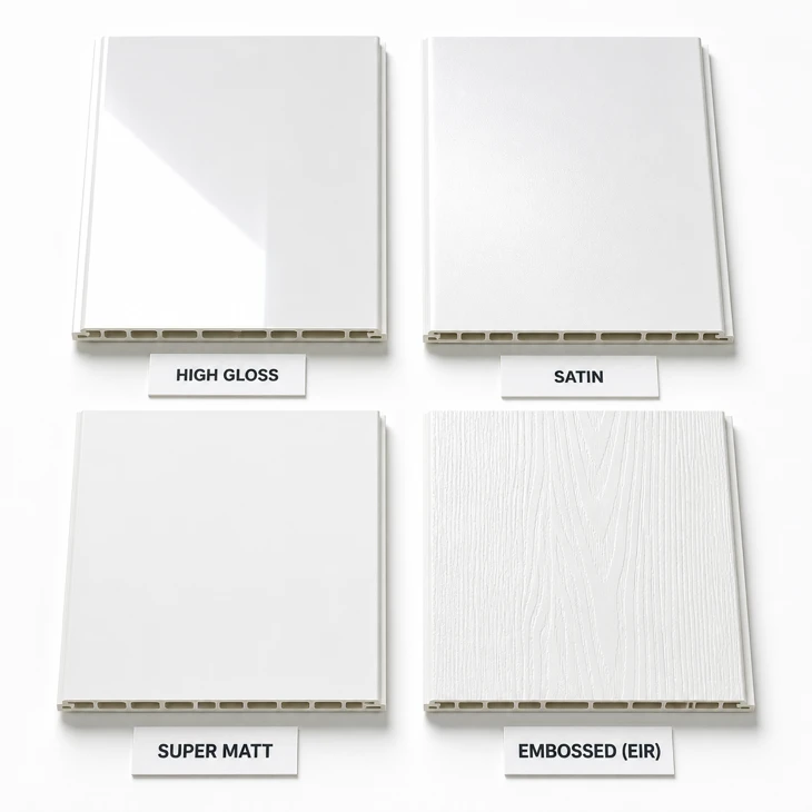 PVC ceiling panel surface finishes high gloss satin super matt embossed