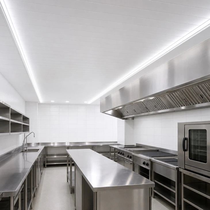 White PVC hygiene ceiling panels in commercial kitchen