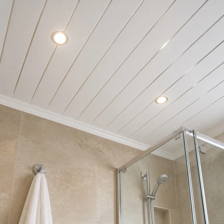 White PVC ceiling panels in bathroom with recessed LED downlights