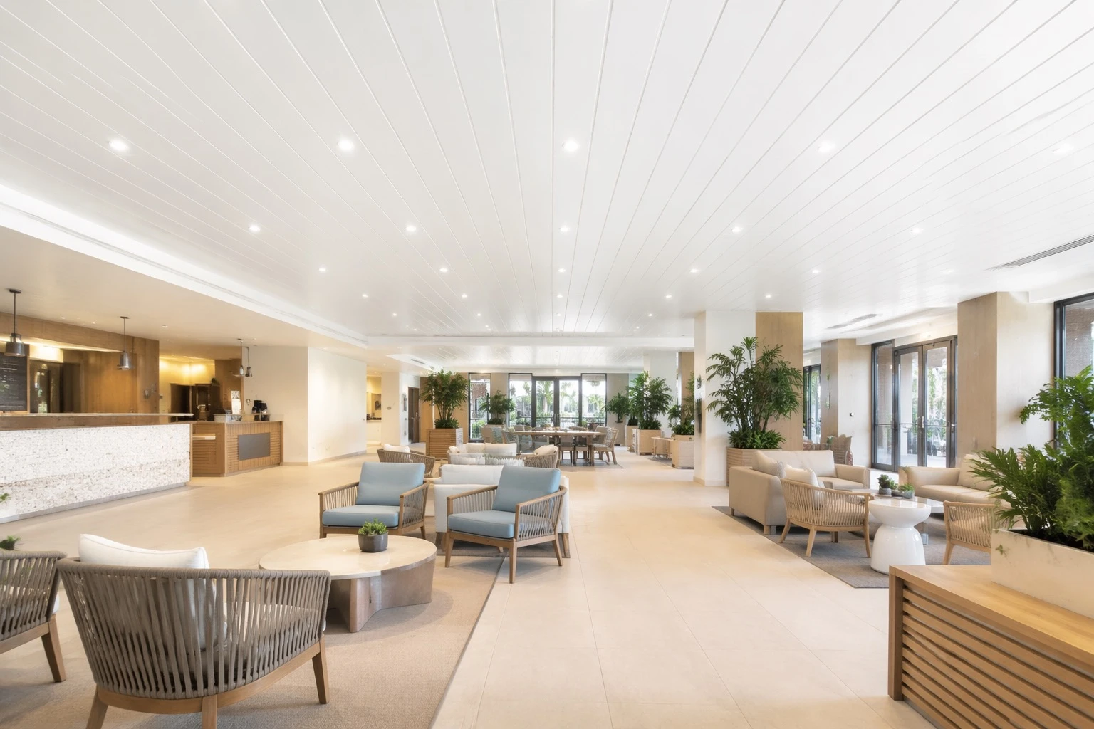 White PVC ceiling panel in hotel lobby