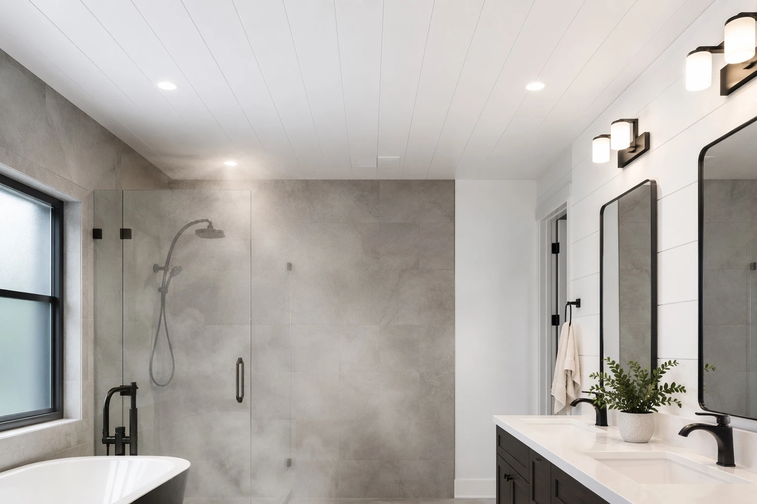 Steamy bathroom with white PVC ceiling panel