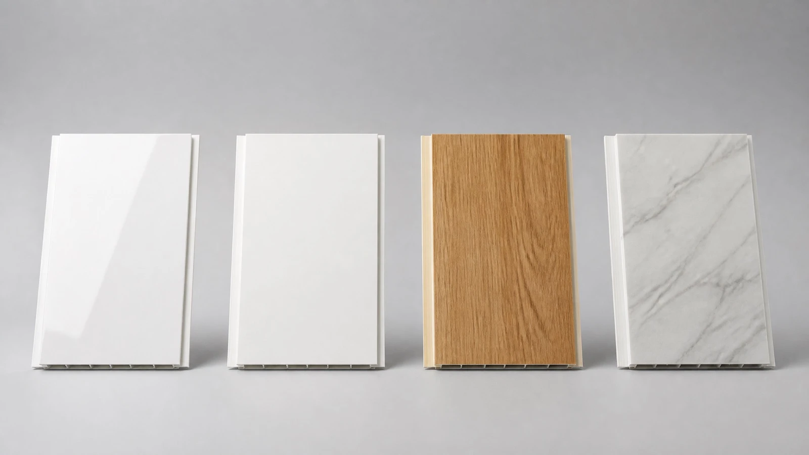 Plastic ceiling panel woodgrain and gloss finish samples